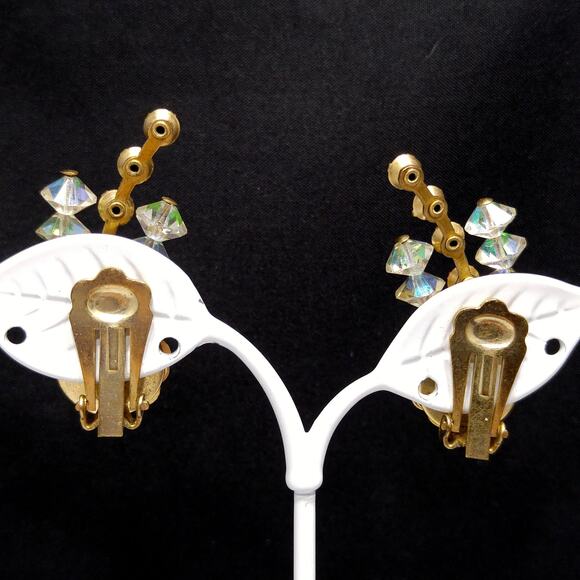 1950s Red Aurora Borealis Crystal Ear Climber Earrings Vintage Clip On Jewelry - Picture 5 of 10